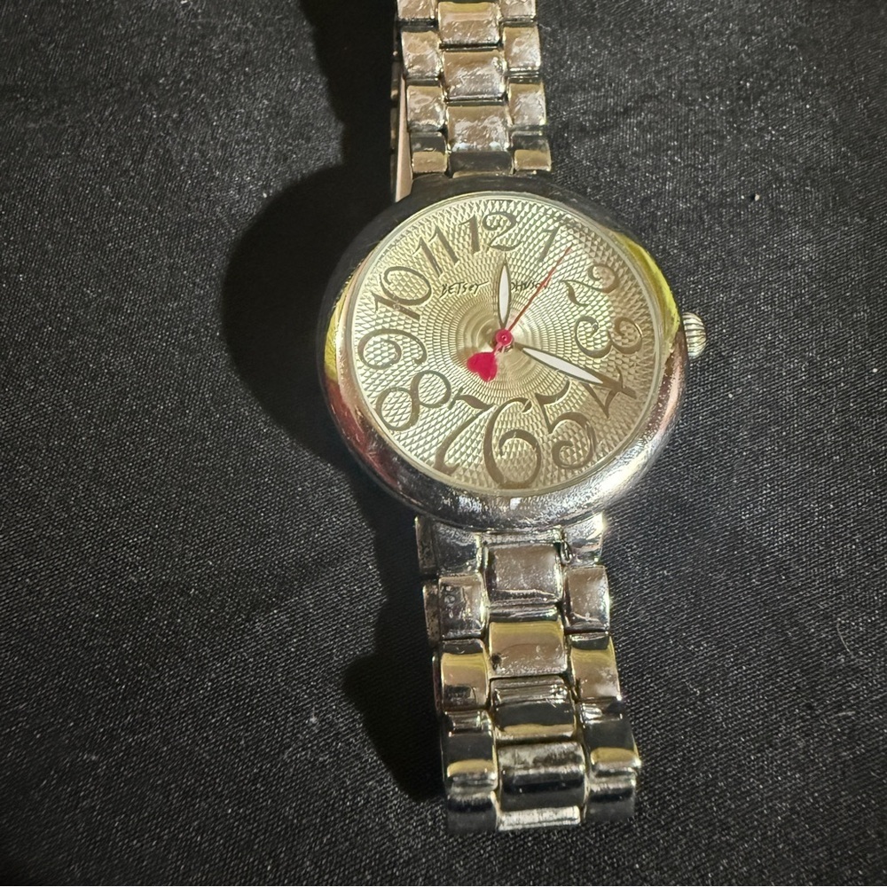 Betsey Johnson Silver Watch with Pink Heart second hand